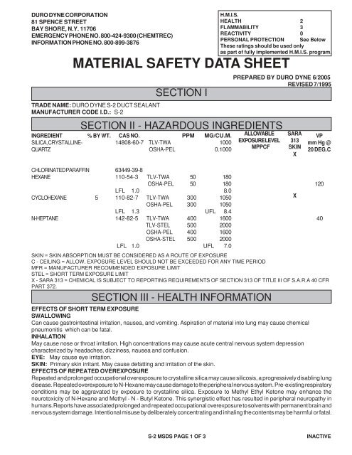 MATERIAL SAFETY DATA SHEET - Duro Dyne