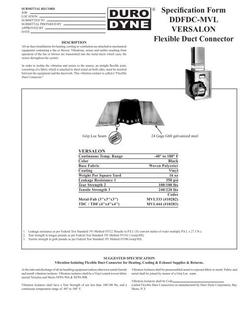 Specification Form DDFDC-MVl Versalon Flexible Duct ... - Duro Dyne