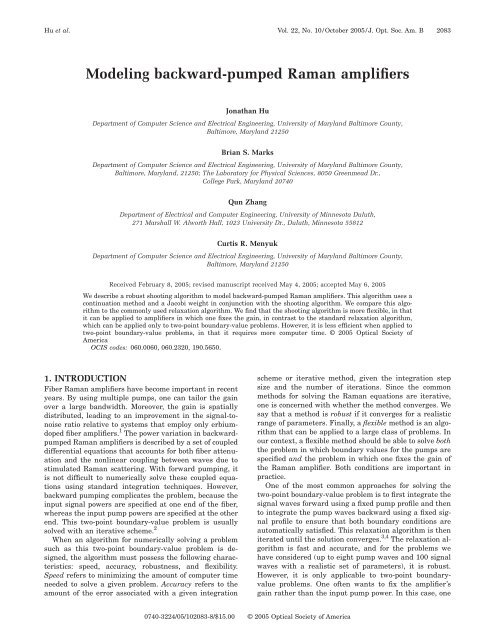 Modeling backward-pumped Raman amplifiers - Jonathan Hu ...