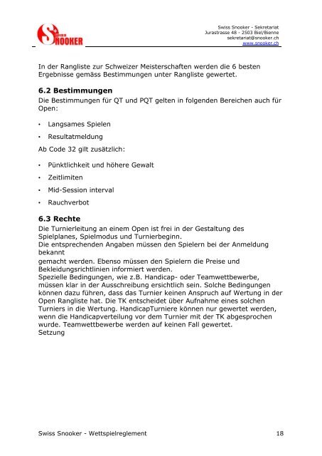 Wettspielreglement - Swiss Snooker