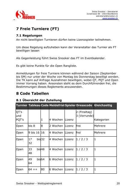 Wettspielreglement - Swiss Snooker