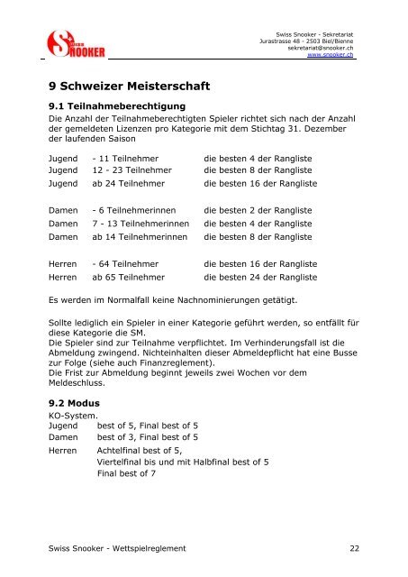 Wettspielreglement - Swiss Snooker