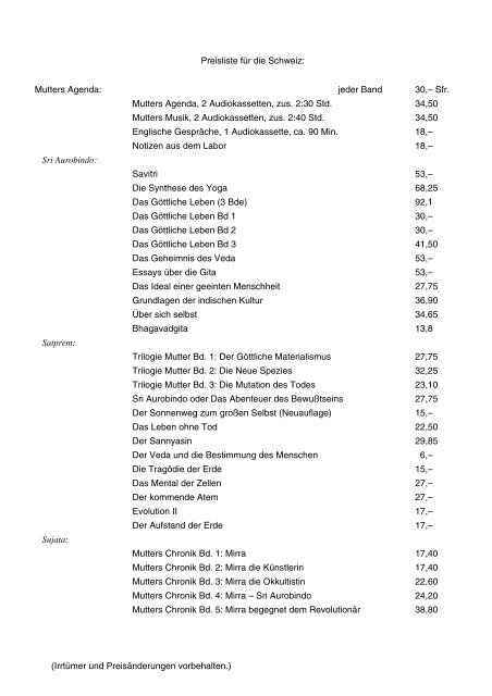 Preisliste für die Schweiz: Mutters Agenda: jeder Band 30,– Sfr ...