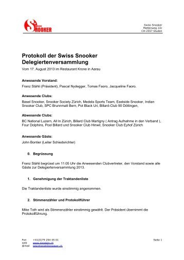 Protokoll Delegiertenversammlung 2013 - Swiss Snooker