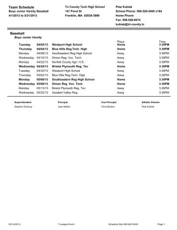 Team Schedule Baseball - Tri-County Regional Vocational ...