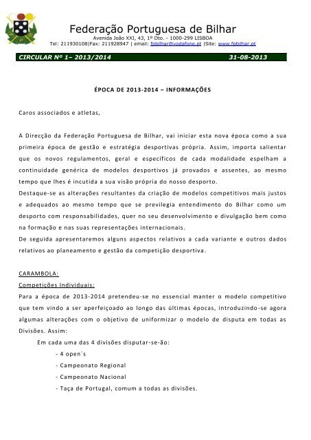 Circular 0001 - FederaÃ§Ã£o Portuguesa de Bilhar