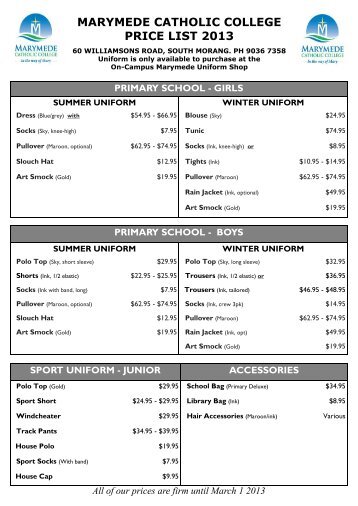 MARYMEDE CATHOLIC COLLEGE PRICE LIST 2013 - Bob Stewart