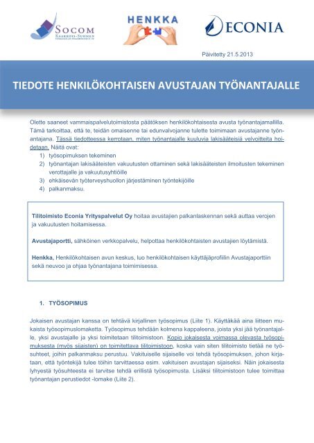 tiedote henkilÃ¶kohtaisen avustajan tyÃ¶nantajalle - Socom