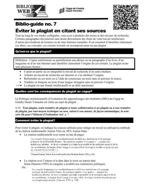 Ãviter le plagiat en citant ses sources - CÃ©gep de Granby â Haute ...