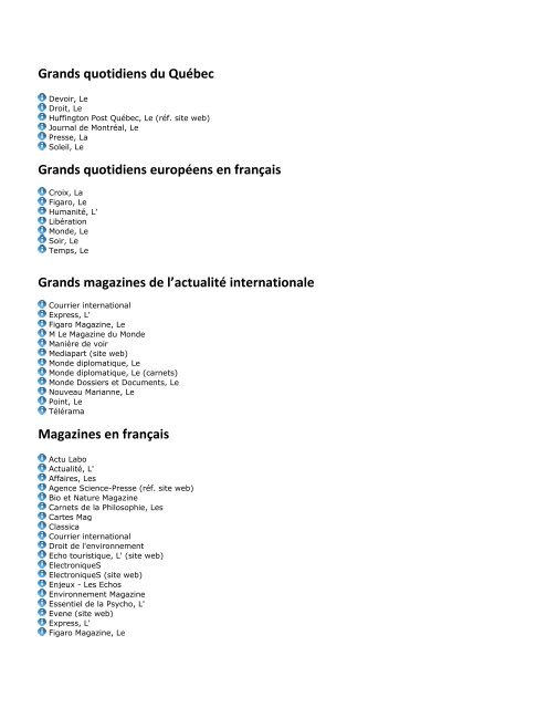 liste des magazines liste des magazines