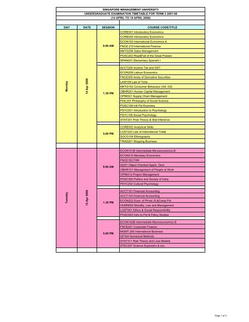 DAY DATE SESSION COURSE CODE/TITLE CORE001 Introductory ...