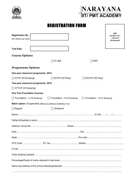 REGISTRATION FORM - Narayana IIT Academy