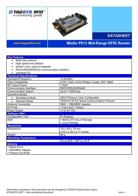 DATASHEET Medio P013 Mid-Range RFID Reader