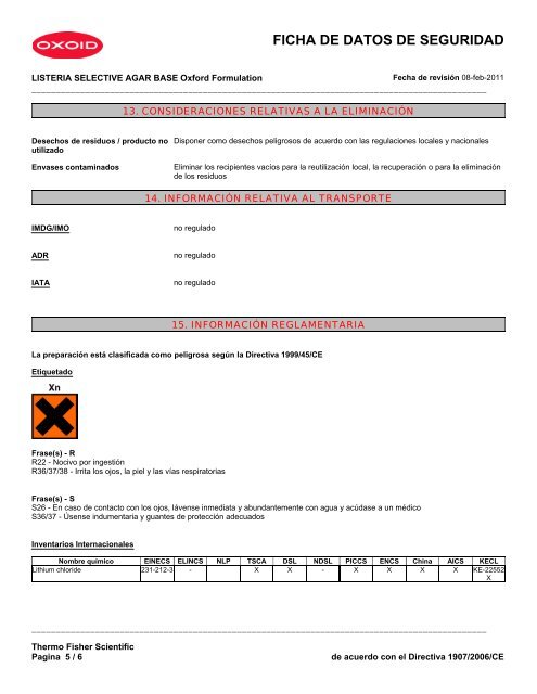 FICHA DE DATOS DE SEGURIDAD - Oxoid