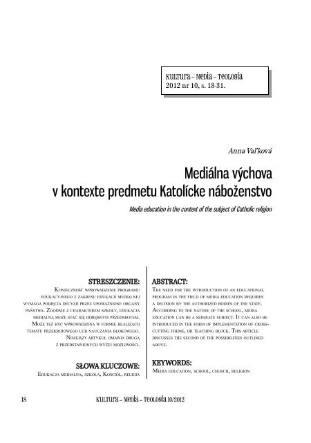 Mediálna výchova v kontexte predmetu Katolícke náboženstvo