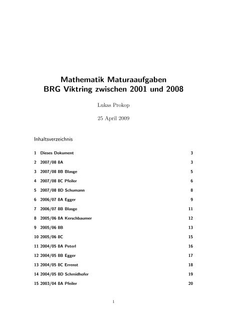 Mathematik Maturaaufgaben BRG Viktring zwischen 2001 und 2008