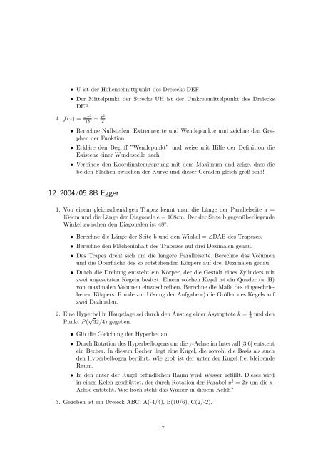 Mathematik Maturaaufgaben BRG Viktring zwischen 2001 und 2008