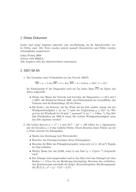 Mathematik Maturaaufgaben BRG Viktring zwischen 2001 und 2008