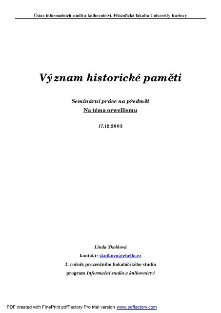 VÃ½znam historickÃ© pamÄti - SkolkovÃ¡ Linda - Sweb.cz