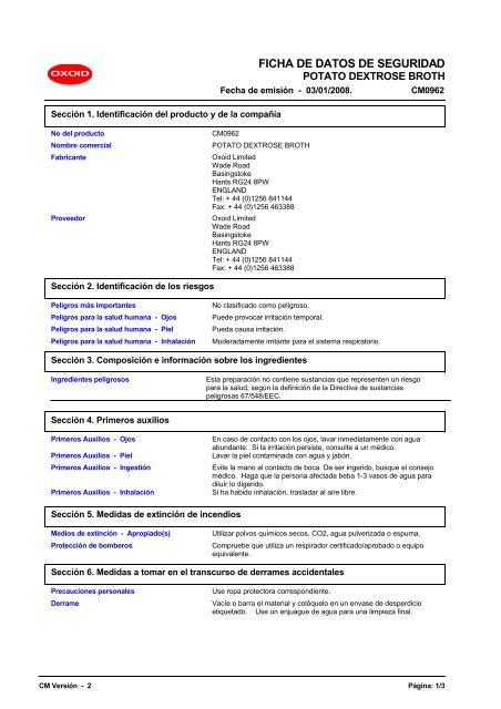 8588 POTATO DEXTROSE BROTH (Spanish (ES)) MSDS - OXOID ...