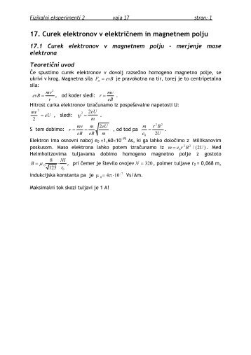 17. Curek elektronov v elektriÄnem in magnetnem polju