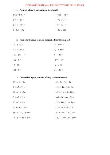 ponovitev seštevanje in odštevanje celih števil
