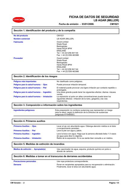 4907 LB AGAR (MILLER) (Spanish (ES)) MSDS - OXOID ...