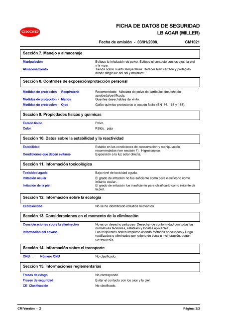 4907 LB AGAR (MILLER) (Spanish (ES)) MSDS - OXOID ...