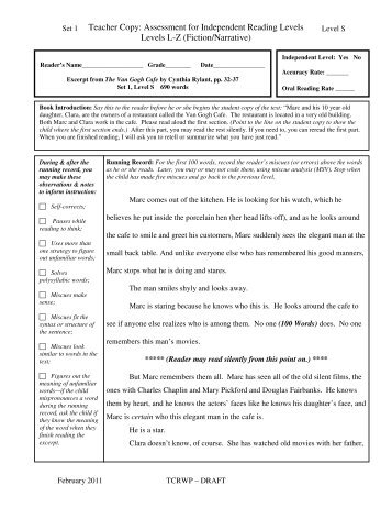 Teacher Copy: Assessment for Independent Reading Levels Levels ...