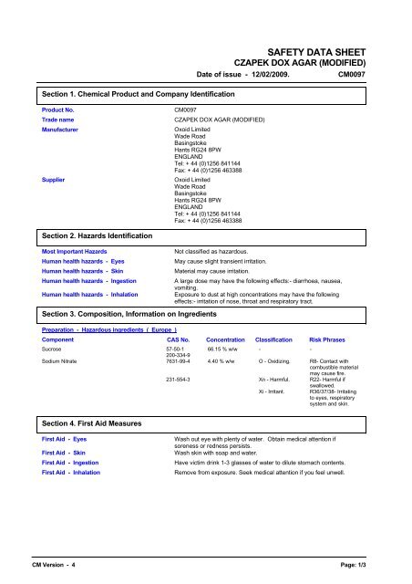 6664 CZAPEK DOX AGAR (MODIFIED) (English  (GB)) MSDS - Oxoid