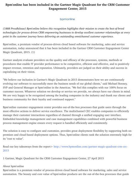 has been included in the Gartner Magic Quadrant for the CRM