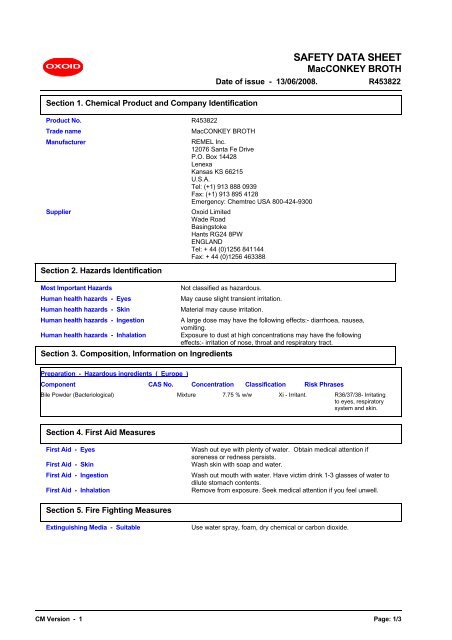 5148 MacCONKEY BROTH (English (GB)) MSDS - Remel Inc - Oxoid