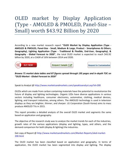  OLED market by Display Application (Type - AMOLED & PMOLED, Panel-Size) worth $43.92 Billion by 2020 