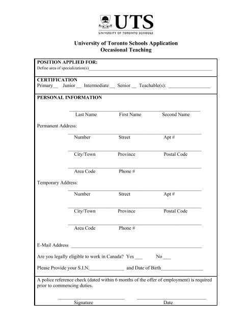 Occasional Teacher Application Form (PDF) - University of Toronto ...
