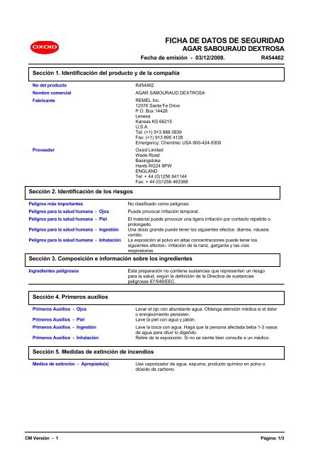 7742 SABOURAUD DEXTROSE AGAR (Spanish (ES)) MSDS - Oxoid