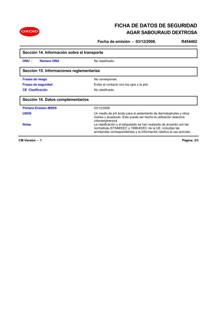 7742 SABOURAUD DEXTROSE AGAR (Spanish (ES)) MSDS - Oxoid