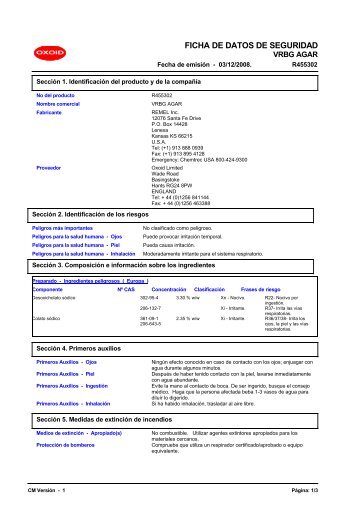 9929 VRBG AGAR (Spanish (ES)) MSDS - Remel Inc (Lenexa)  - Oxoid