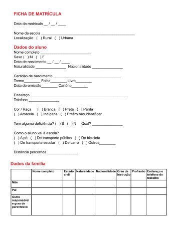 ficha de matrÃcula dados do aluno dados da famÃ­lia