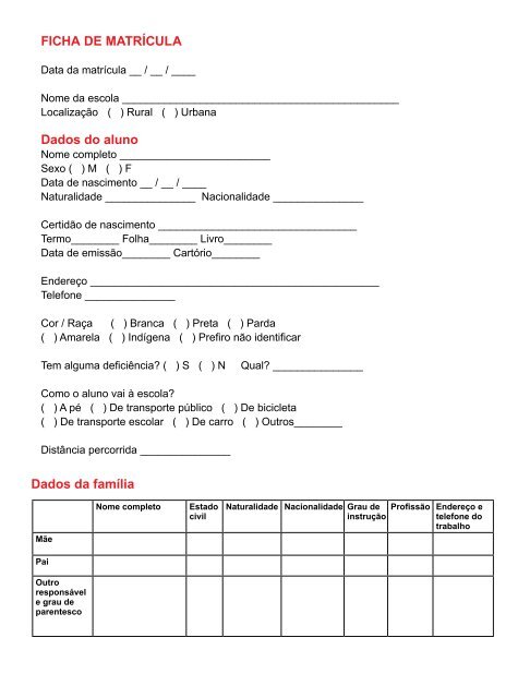 ficha de matrÃcula dados do aluno dados da famÃ­lia