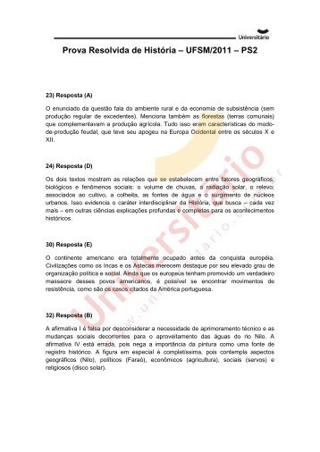 Prova Resolvida de HistÃ³ria da UFSM/2011 - Processo Seletivo 2