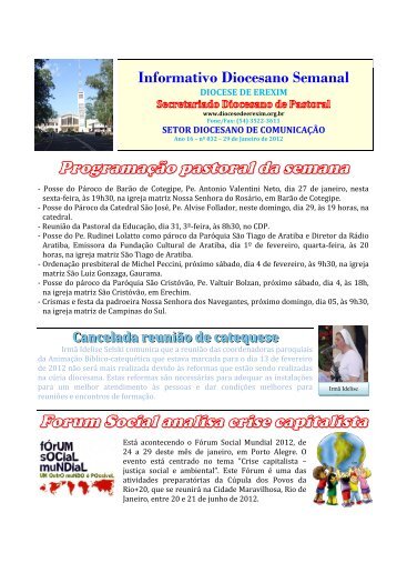 Informativo Semanal do dia 29 de Janeiro de 2012. - Diocese de ...