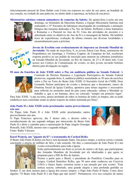 Informativo Semanal do dia 14 de Julho - Diocese de Erexim