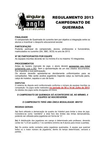 REGULAMENTO 2013 CAMPEONATO DE QUEIMADA