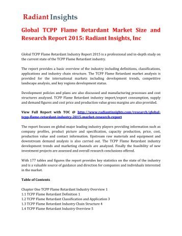 Global TCPP Flame Retardant Market Size and Research Report 2015: Radiant Insights, Inc
