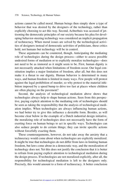 Materializing Morality: Design Ethics and Technological Mediation.