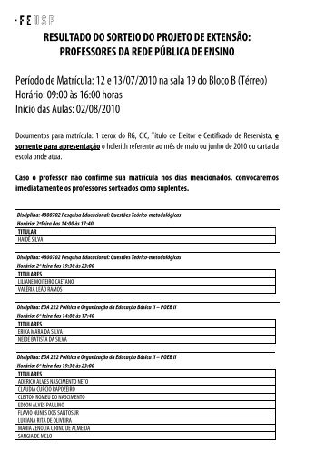 RESULTADO DO SORTEIO DO PROJETO DE EXTENSÃO ... - USP