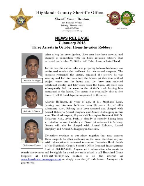 01-07-2013 Three Arrests in Home Invasion Robbery - Highlands ...