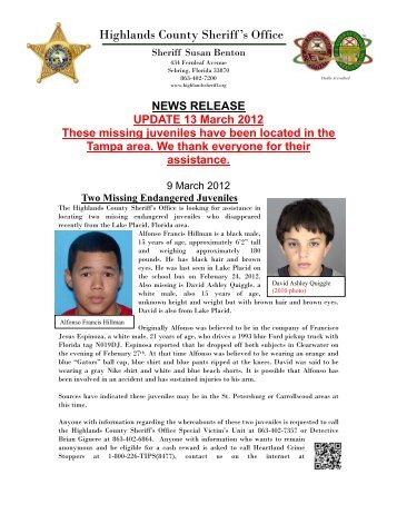 Two Missing Endangered Juveniles - Highlands County Sheriff's Office