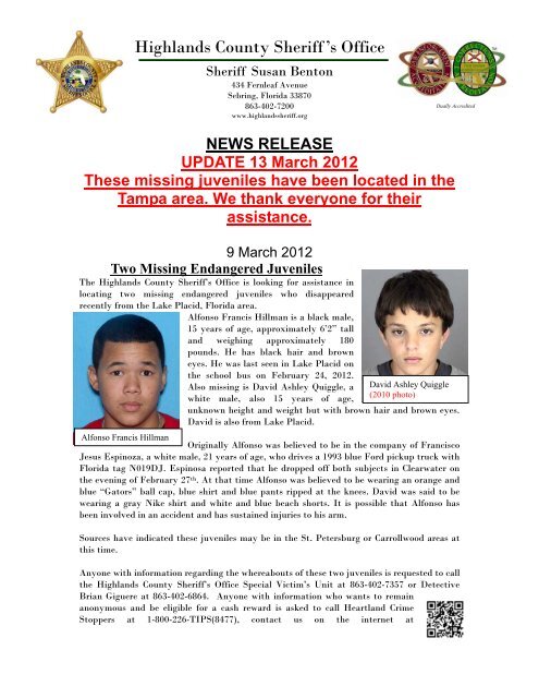 Two Missing Endangered Juveniles - Highlands County Sheriff's Office