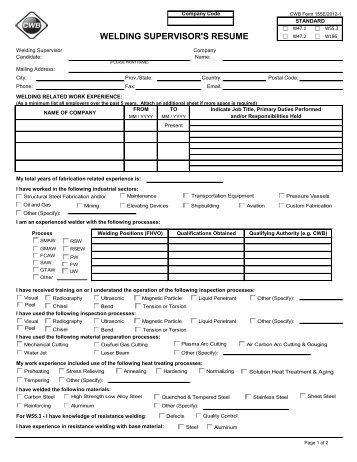 Form 155 Welding Supervisor's Resume - CWB Group